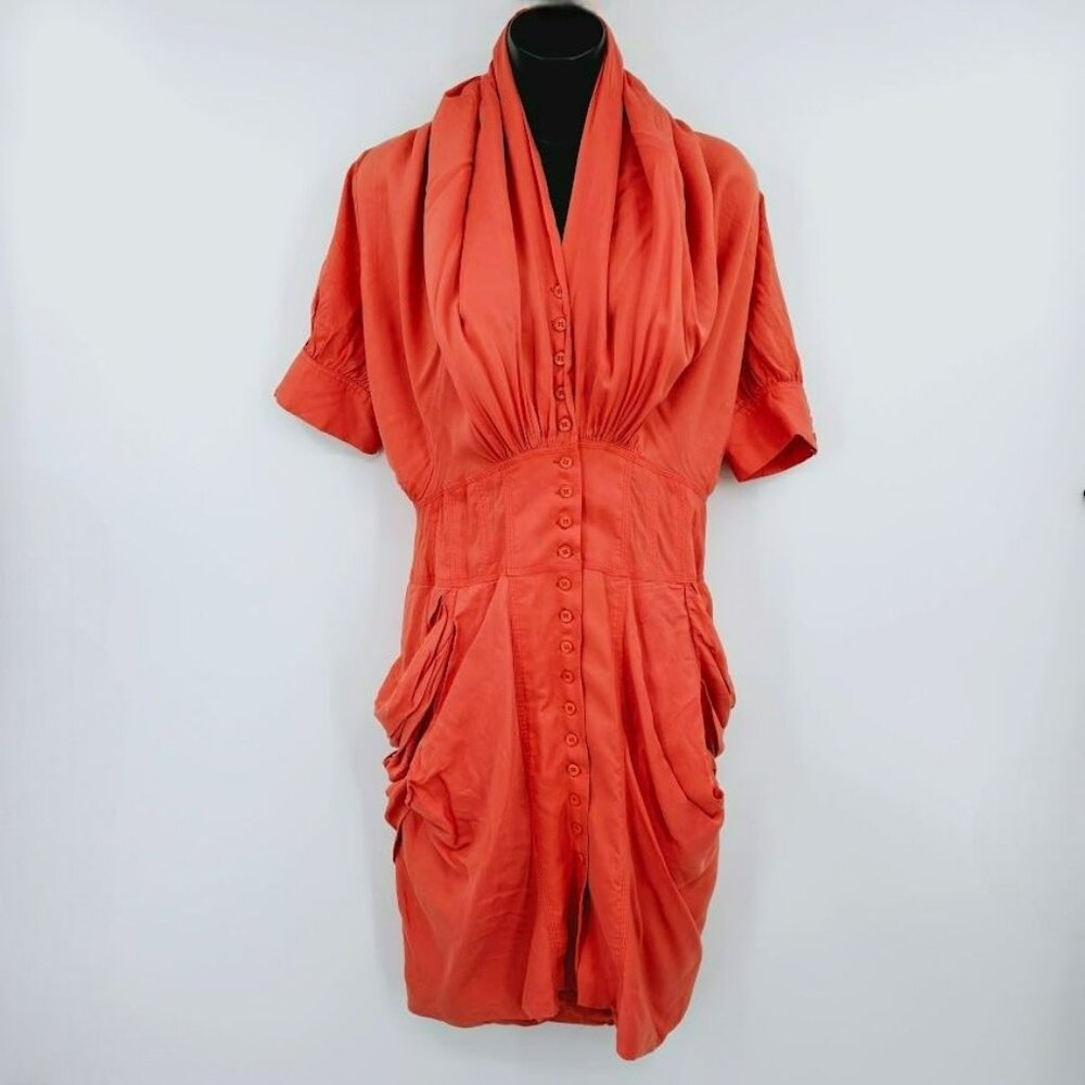 TOV Ruched Button Front Dress S Orange Shawl Neck Bustle Back Pockets Cotton New